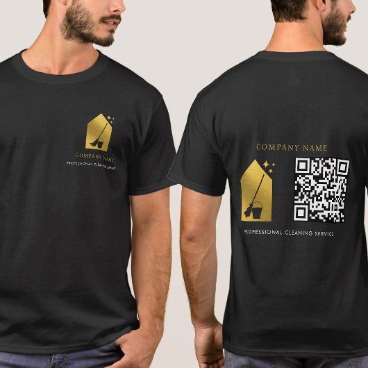 Cleaning Cleaner Service Gold Logo QR Code Black Tシャツ