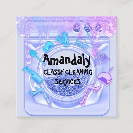 Cleaning House Office Service QRCodeソープブルー スクエア名刺 (正面)