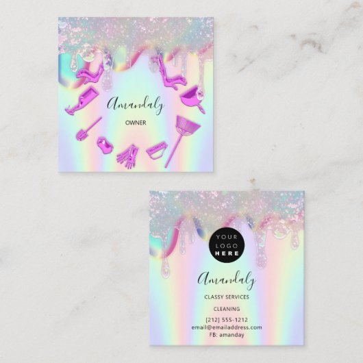 Cleaning House Office Servicesロゴホログラフピンク スクエア名刺 (正面/裏面)