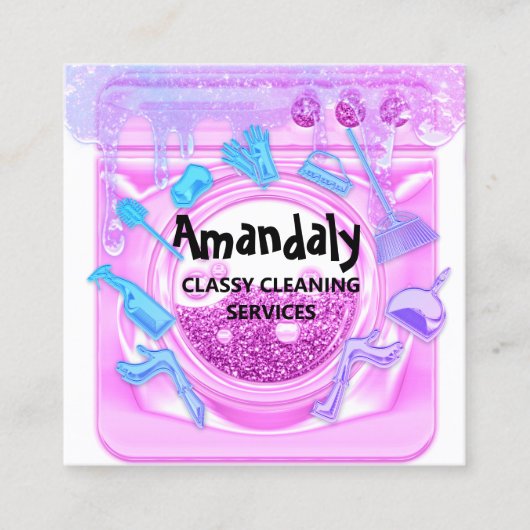Cleaning House Office ServicesロゴQRコードピンク スクエア名刺 (正面)
