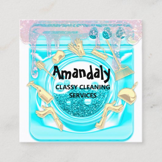 Cleaning House Office ServicesロゴQRコードブルー スクエア名刺 (正面)