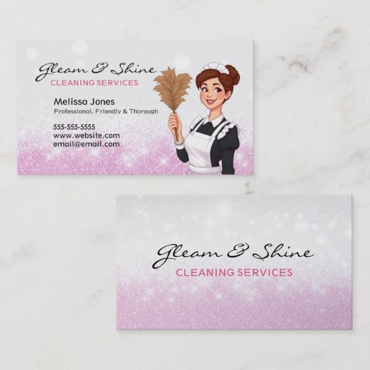 Cleaning Lady Traditional Maid Pink Faux Glitter 名刺 (正面/裏面)