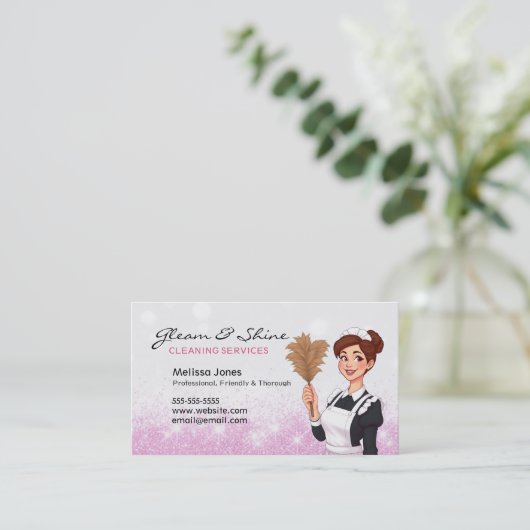 Cleaning Lady Traditional Maid Pink Faux Glitter 名刺 (スタンド正面)