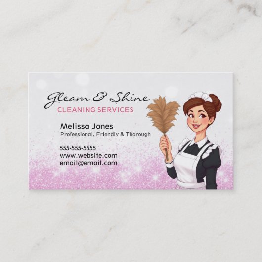 Cleaning Lady Traditional Maid Pink Faux Glitter 名刺 (正面)