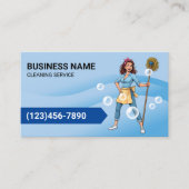 Cleaning Service Cartoon Maid Blue Curves 名刺 (正面)