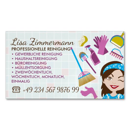 Cleaning Service Janitorial Lady German Deutch マグネット名刺 (正面)