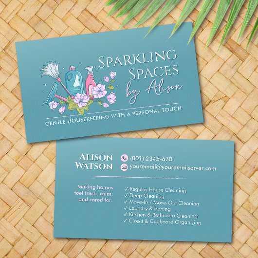 Cleaning Services - Elegant Floral Teal and Pink 名刺