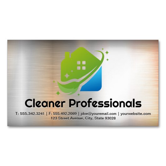 Cleaning Services House Logo | Metal Background マグネット名刺 (正面)