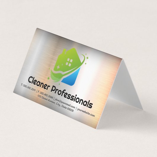 Cleaning Services House Logo | Metal Background 名刺 (正面)