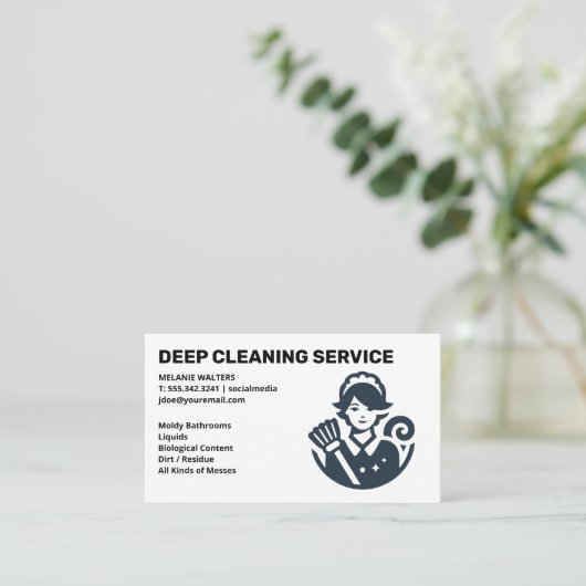 Cleaning Services | Maid with Broom Logo 名刺 (スタンド正面)