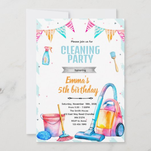 Cleaning theme girl party invitation 招待状 (正面)