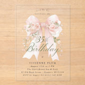CLEAR アクリル製 35歳の誕生日 ピンクの弓 バラの花 アクリル招待状 (正面)