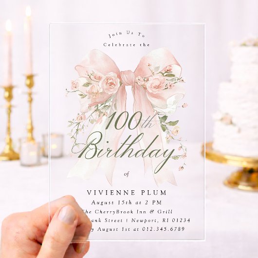 Clear Acrylic 100th Birthday Pink Bow Rose Floral アクリル招待状