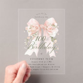 Clear Acrylic 100th Birthday Pink Bow Rose Floral アクリル招待状 (インサイチュ (ポータブル))