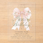 Clear Acrylic 100th Birthday Pink Bow Rose Floral アクリル招待状 (正面)