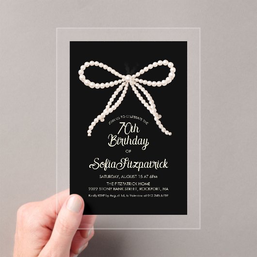 CLEAR ACRYLIC 70th Birthday Black White Pearl Bow アクリル招待状 (インサイチュ (ポータブル))
