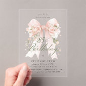 CLEAR ACRYLIC 85th Birthday Pink Bow Rose Floral アクリル招待状 (インサイチュ (ポータブル))