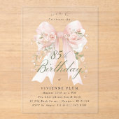 CLEAR ACRYLIC 85th Birthday Pink Bow Rose Floral アクリル招待状 (正面)
