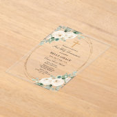 CLEAR ACRYLIC First Communion White Rose Floral アクリル招待状 (レイダウン)
