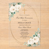 CLEAR ACRYLIC First Communion White Rose Floral アクリル招待状 (正面)