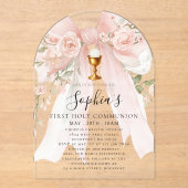 CLEAR ACRYLIC Girl First Holy Communion Pink Bow アクリル招待状 (正面)