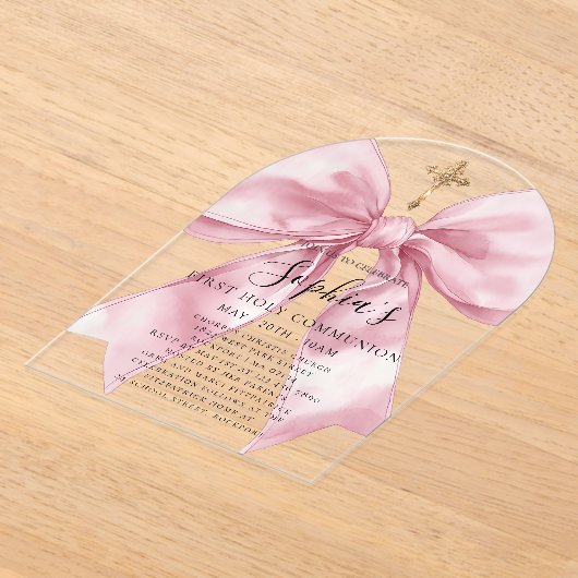 Clear Acrylic Girl's First Communion Pink Bow Arch アクリル招待状 (レイダウン)