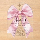 Clear Acrylic Girl's First Communion Pink Bow Arch アクリル招待状 (正面)
