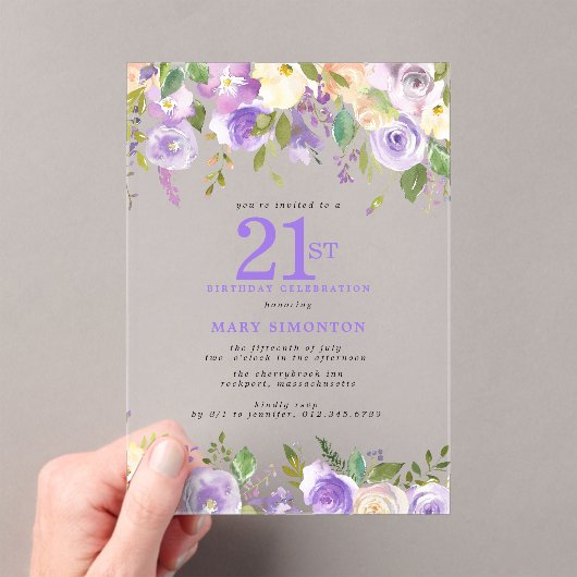 CLEAR ACRYLIC Purple Floral 21st Birthday Party アクリル招待状 (インサイチュ (ポータブル))