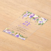 CLEAR ACRYLIC Purple Floral 21st Birthday Party アクリル招待状 (レイダウン)