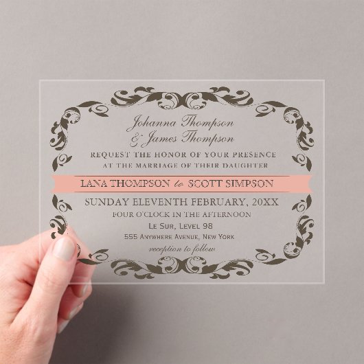 CLEAR Elegant Flourish Filligree White Wedding アクリル招待状 (インサイチュ (ポータブル))