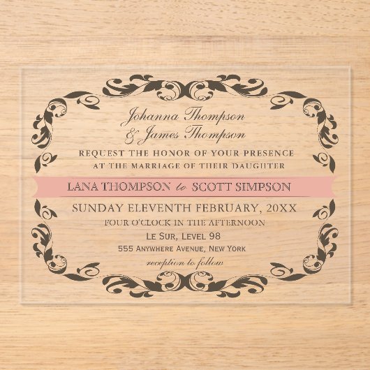 CLEAR Elegant Flourish Filligree White Wedding アクリル招待状 (正面)