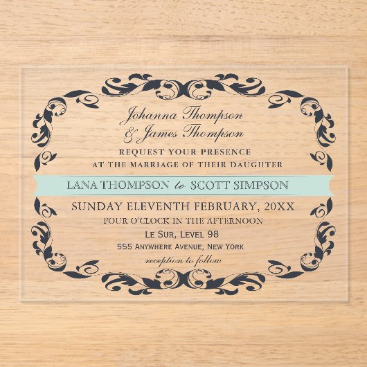 CLEAR Navy Elegant Victorian Filigree Wedding アクリル招待状 (正面)