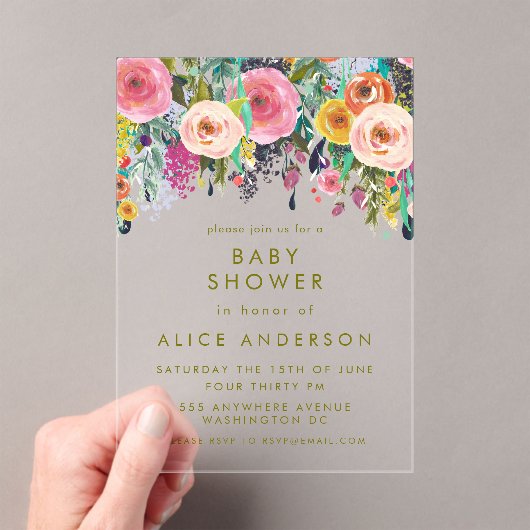CLEAR Painted Floral Baby Shower Invite アクリル招待状 (インサイチュ (ポータブル))