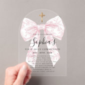 CLEAR Pink Toile Bow Girl First Communion Arch アクリル招待状 (インサイチュ (ポータブル))