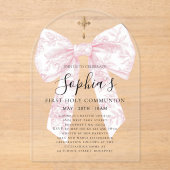 CLEAR Pink Toile Bow Girl First Communion Arch アクリル招待状 (正面)