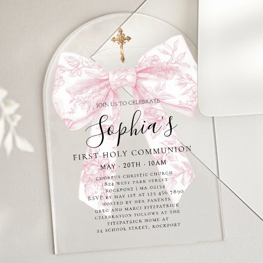 CLEAR Pink Toile Bow Girl First Communion Arch アクリル招待状