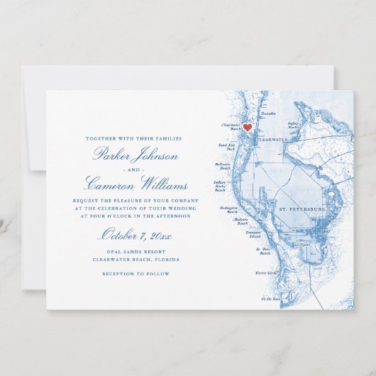 ClearwaterビーチFLマップエレガントブルー結婚ズ 招待状 (正面)