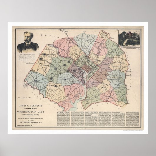 ClementsによるワシントンDC郊外の地図1891 ポスター (正面)