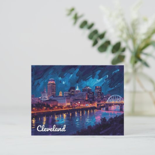 Cleveland Ohio Night River Art ポストカード (スタンド正面)