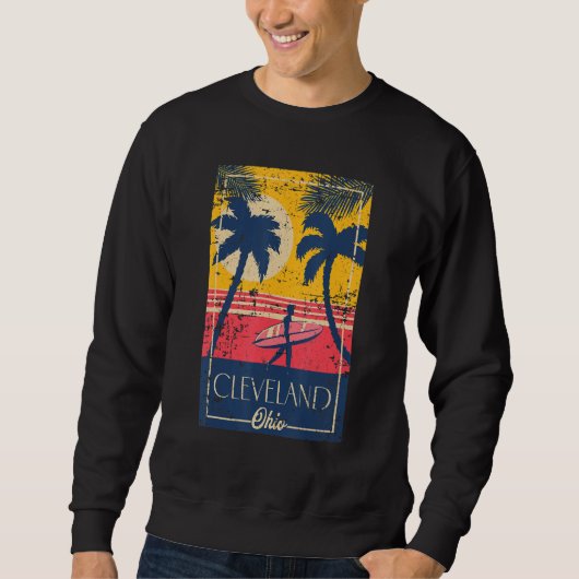 Cleveland Ohio Retro Palm Trees Surf Distressed De スウェットシャツ (正面)