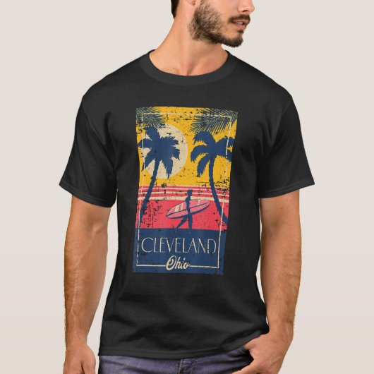Cleveland Ohio Retro Palm Trees Surf Distressed De Tシャツ (正面)