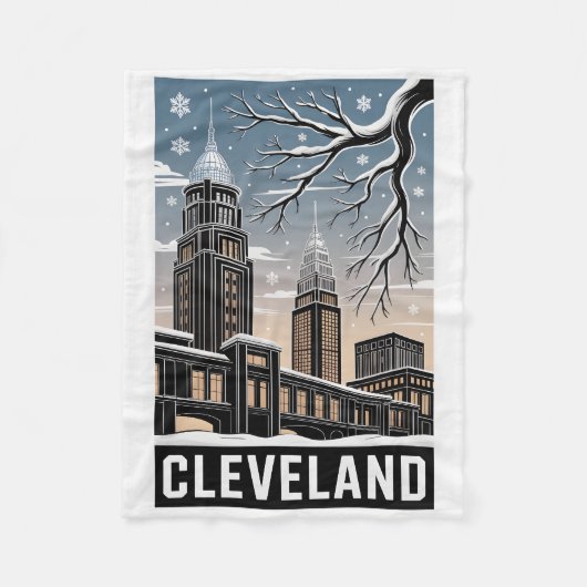 Cleveland Ohio Skyline Winter Woodcut Black&White フリースブランケット (正面)