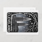 Cleveland Ohio Skyline Winter Woodcut Black&White ポストカード (正面/裏面)