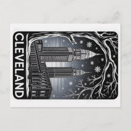 Cleveland Ohio Skyline Winter Woodcut Black&White ポストカード