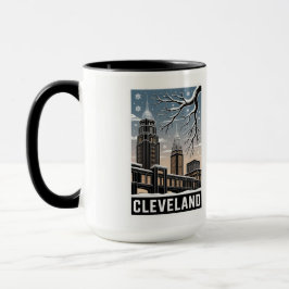 Cleveland Ohio Skyline Winter Woodcut Black&White マグカップ
