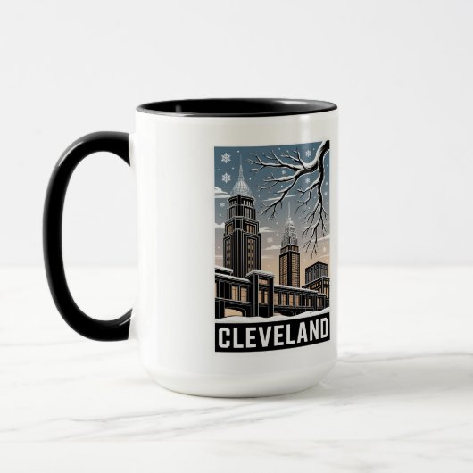 Cleveland Ohio Skyline Winter Woodcut Black&White マグカップ (左)