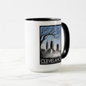 Cleveland Ohio Skyline Winter Woodcut Black&White マグカップ (正面右)