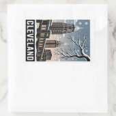 Cleveland Ohio Skyline Winter Woodcut Black&White 長方形シール (バッグ)