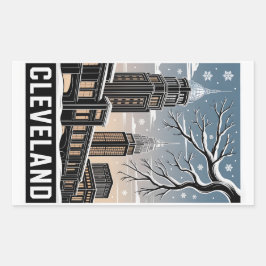 Cleveland Ohio Skyline Winter Woodcut Black&White 長方形シール