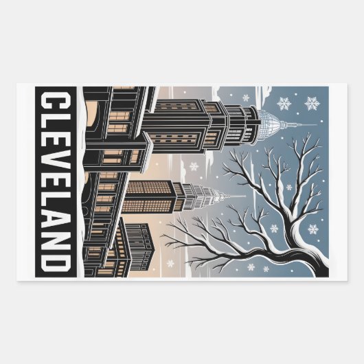 Cleveland Ohio Skyline Winter Woodcut Black&White 長方形シール (正面)